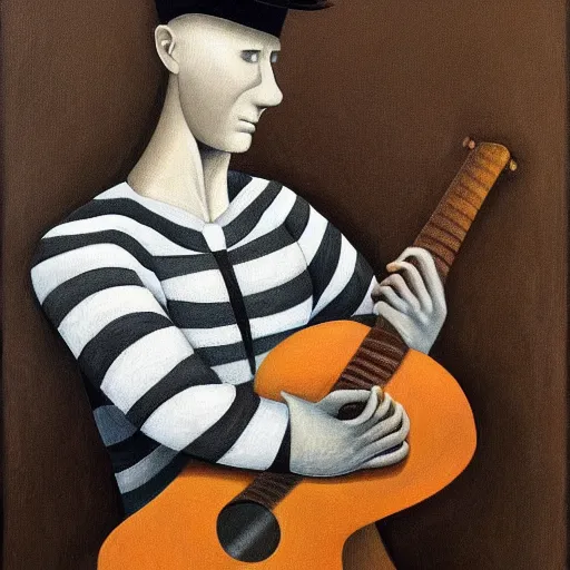 Prompt: a painting of a man wearing striped shirt, playing the guitar by gertrude abercrombie. precisionism, surrealism, dark, low contrast, featured on pixiv, art on instagram, detailed painting