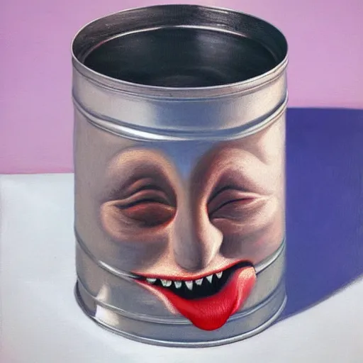 Prompt: a tin can with a face, opening its mouth, surrealist oil painting