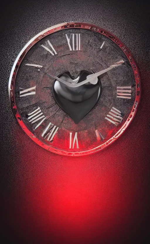 Image similar to a melting Roman numeral clock, behind a red and black gradient background, awith a black heart shaped on the top left corner and a black diamond card shape in the bottom right corner, dynamic lighting, photorealistic fantasy concept art, trending on art station, stunning visuals, cinematic, creative, ultra detailed