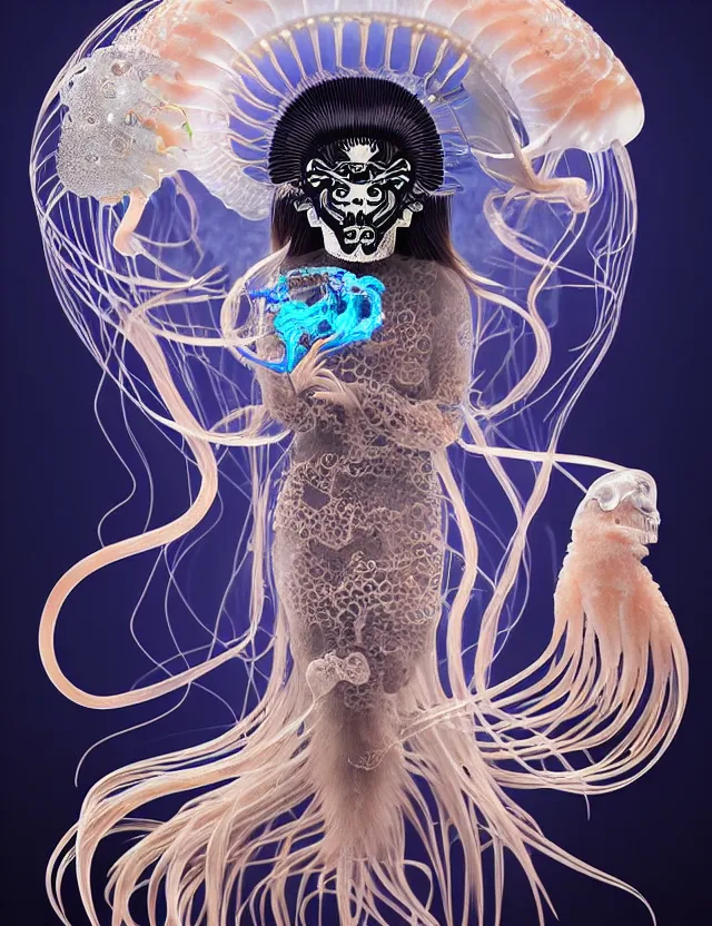 Image similar to 3 d goddess jellyfish half - turn portrait with long hair with ram skull. beautiful intricately detailed japanese crow kitsune mask and clasical japanese kimono. betta fish, jellyfish phoenix, bio luminescent, plasma, ice, water, wind, creature, artwork by tooth wu and wlop and beeple and greg rutkowski