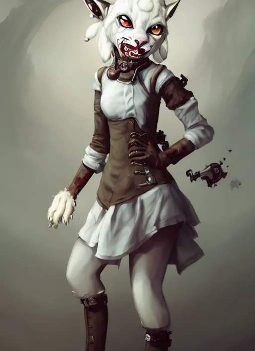 Image similar to wide angle beautiful full body portrait of a strong female damaged zombie anthropomorphic anthro white lynx fursona wearing a steampunk dress toothsome open mouth. character design by disney, anime, manga, charlie bowater, ross tran, artgerm, and makoto shinkai, detailed, soft lighting, rendered in octane