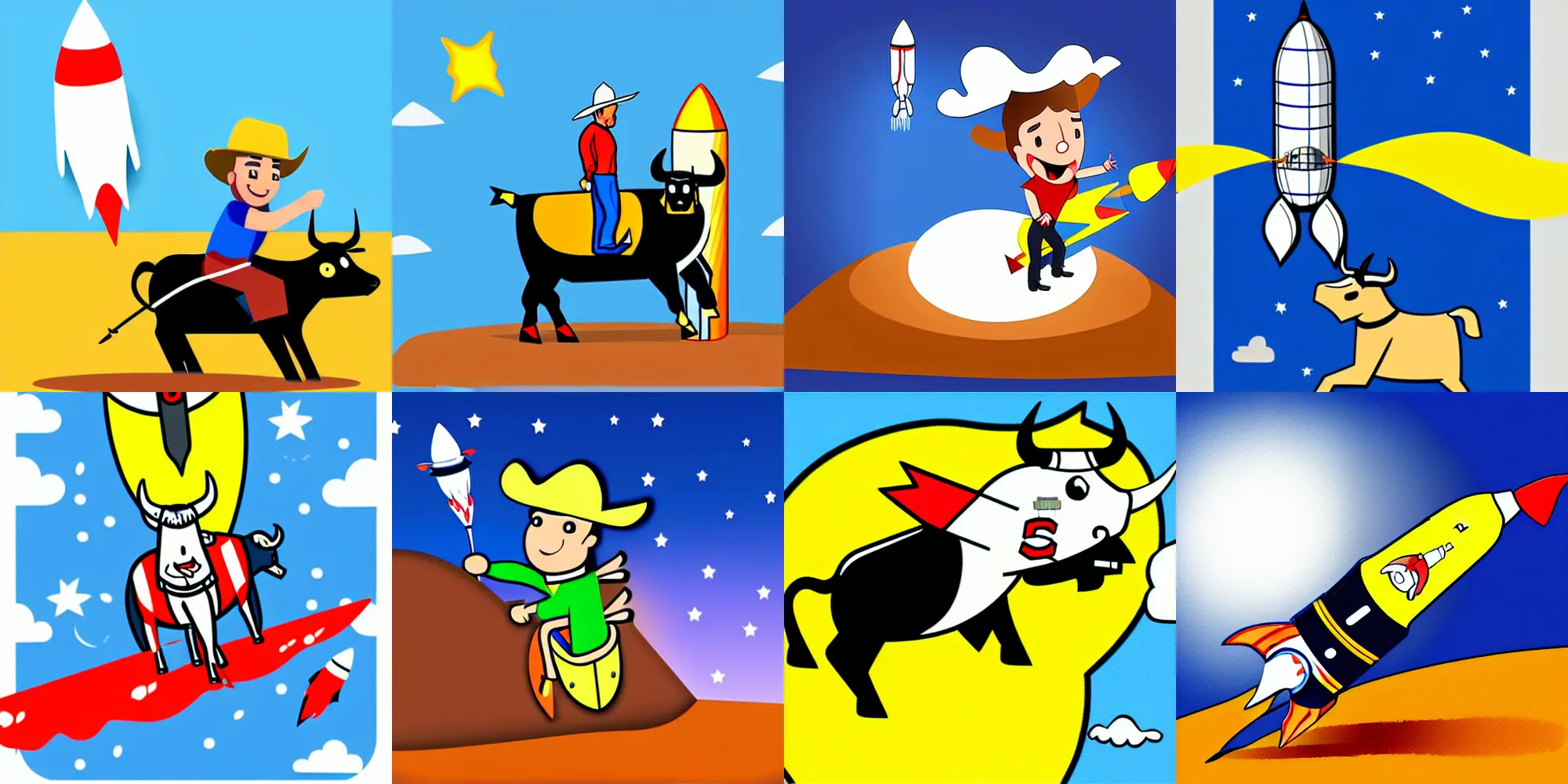 Prompt: a cartoon bull riding a rocket to the moon, cell shaded, flat lighting, drop shadows