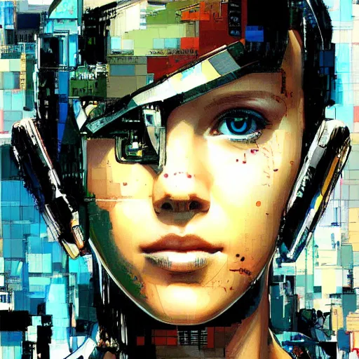 Prompt: Portrait of cyborg Millie Bobby Brown by Yoji Shinkawa