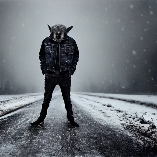 Image similar to an award winning National Geographic picture of a black Jackal wearing a denim Jacket in the snow by Lee Jeffries, 85mm ND 5, perfect lighting in a snow storm