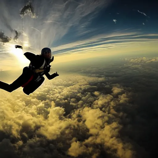 Prompt: drama photo of a man in a buisness suit skydiving, from the view of someone on the ground, beautiful dramatic clouds illuminated by the sun in the style of craig mullins
