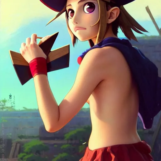 Image similar to beautiful boyish natalie portman alluring gravure model in majora's mask, wearing wooden mask and baseball cap and leotard, street wear with subtle mayan patterns, aztec bathing suit, gapmoe yandere grimdark, trending on pixiv fanbox, painted by greg rutkowski makoto shinkai takashi takeuchi studio ghibli, akihiko yoshida