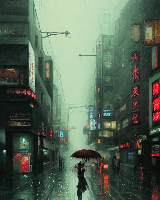 Image similar to a highly detailed epic cinematic concept art CG render digital painting artwork: Tokyo city street, raining. By Greg Rutkowski, in the style of Francis Bacon and Syd Mead and Norman Rockwell and Beksinski, open ceiling, highly detailed, painted by Francis Bacon and Edward Hopper, painted by James Gilleard, surrealism, airbrush, Ilya Kuvshinov, WLOP, Stanley Artgerm, very coherent, triadic color scheme, art by Takato Yamamoto and James Jean