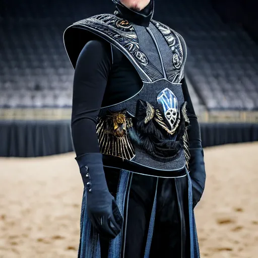 Prompt: medium face shot of adult Austin Butler dressed in futuristic-tudoresque black-prussian blue garb with embroidered Rams head emblem, and nanocarbon-vest, in an arena in Dune 2021, XF IQ4, f/1.4, ISO 200, 1/160s, 8K, face in-frame
