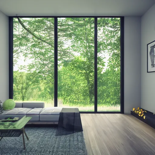 Image similar to modern home interior, forest in background, living room, minimalistic, render, hd, 4k