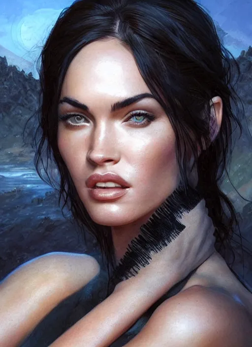 Image similar to megan fox with pixie haircut, beautiful highly detailed face, complementary lighting, backlit, black eyeshadow, grinning, adventure, dramatic lighting, landscape background, beautiful painting by artgerm and greg rutkowski and raymond swanland