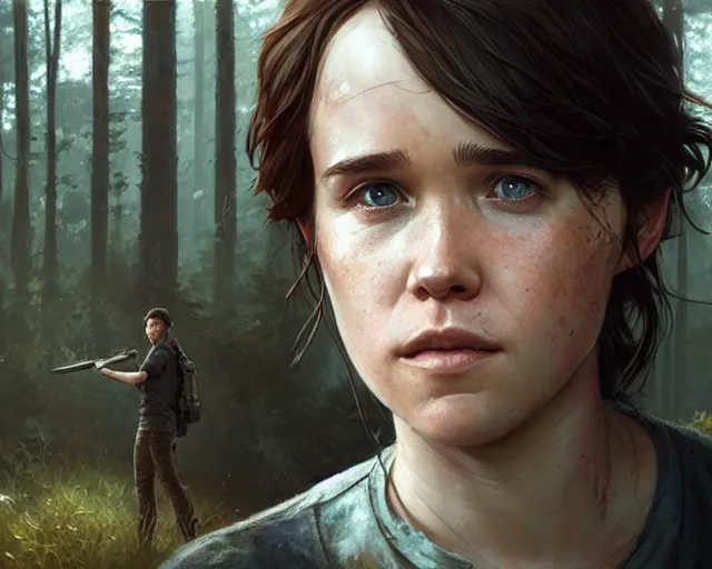 Image similar to highly detailed portrait of ellen page, in the last of us, stephen bliss, unreal engine, fantasy art by greg rutkowski, loish, rhads, ferdinand knab, makoto shinkai and lois van baarle, ilya kuvshinov, rossdraws, tom bagshaw, global illumination, radiant light, detailed and intricate environment