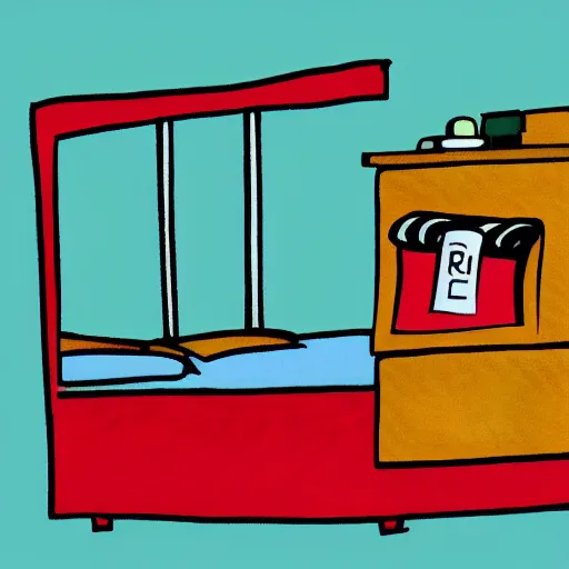 Prompt: drawing of a hotel room in the style of richard scarry