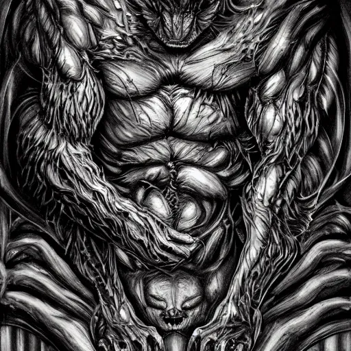 Prompt: half Werewolf half Hellhound Building a structure, style of H. R. Giger, disquieting, unsettling, baroque style. Highly detailed, cinematic, dramatic