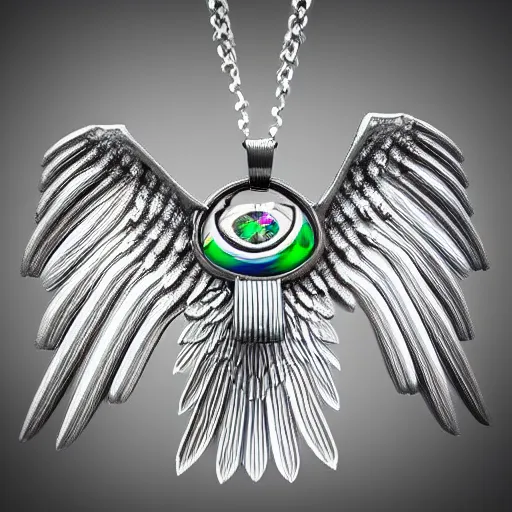 Image similar to 2 tone 3 d 6 winged angel necklace, jewelry render, photography, raytraced