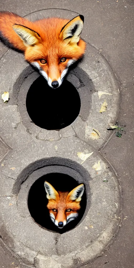 Image similar to a fox is hidden inside a manhole trying to jump out, 4k photography flash