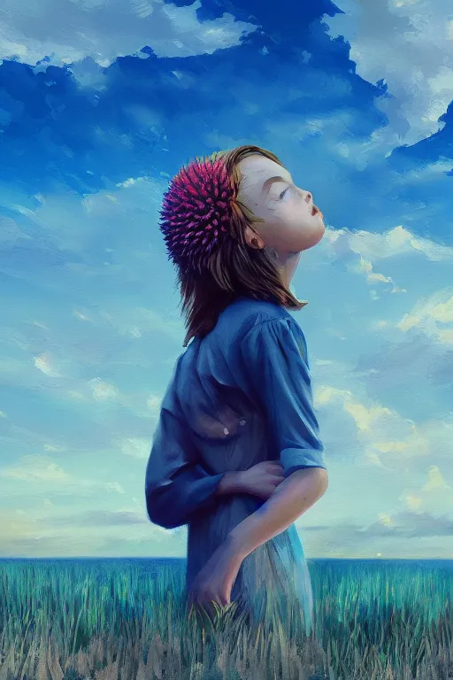 Image similar to closeup girl with huge dahlia flower head, portrait on beach, surreal photography, blue sky, sunrise, dramatic light, impressionist painting, digital painting, artstation, simon stalenhag