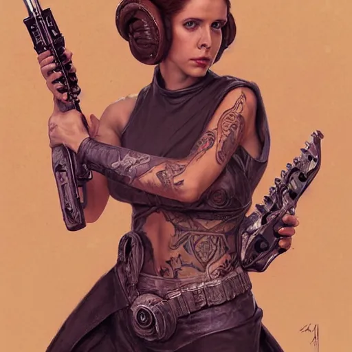 Image similar to princess Leia as a slayer guitar player, heavy tattoos, artstation, intricate, elegant, highly detailed, centered, digital painting, concept art, smooth, sharp focus, illustration, art by artgerm and donato giancola and Joseph Christian Leyendecker, Ross Tran, WLOP