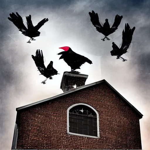 Image similar to A clown on the roof of the church playing with crows, futurist, digital art, dramatic lighting, symbolic