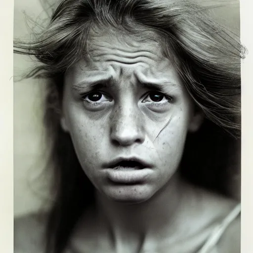 Image similar to a candid extreme closeup portrait of an expressive face of a scared young woman by annie leibovitz