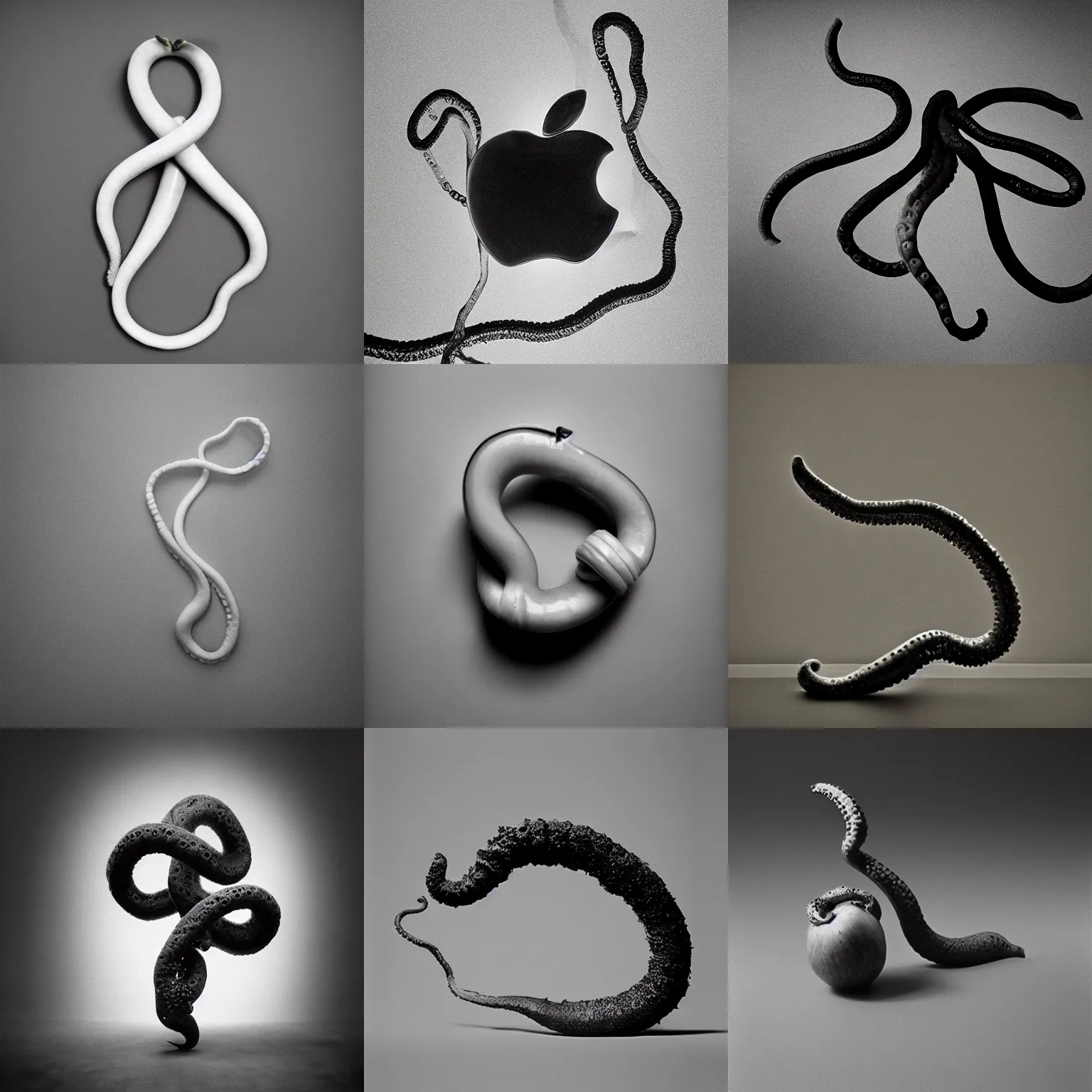 Prompt: and apple and a tentacle in the style of chema madoz