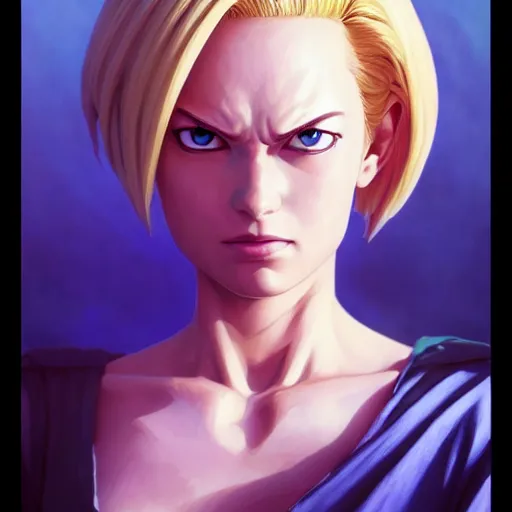 Image similar to highly detailed vfx portrait of android 1 8 by eiichiro oda!, stephen bliss, greg rutkowski, loish, rhads, beeple, makoto shinkai, tom bagshaw, alphonse mucha, sharp focus, art by artgerm and greg rutkowski, stanley kubrick, backlit, harsh overhead sunlight,