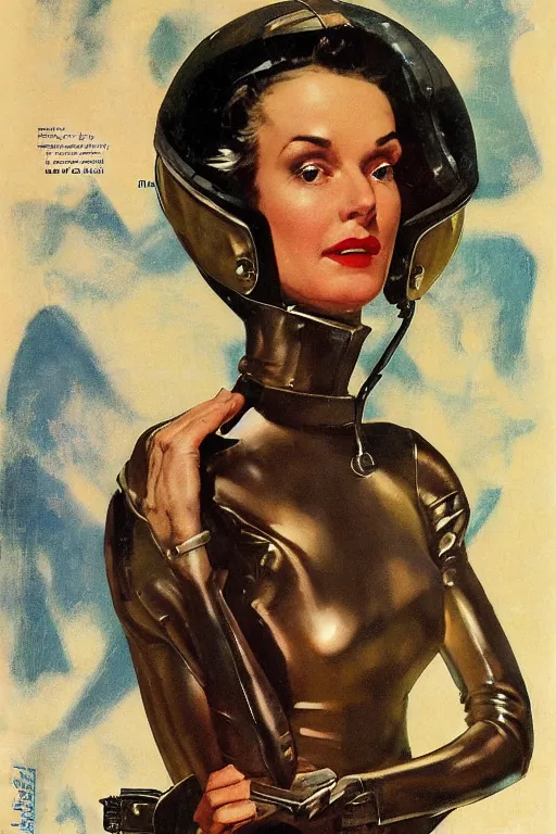 Image similar to 5 0 s pulp scifi fantasy head and shoulders portrait striking elegant mature woman in leather spacesuit by norman rockwell, roberto ferri, daniel gerhartz, edd cartier, jack kirby, howard v brown, ruan jia, tom lovell, frank r paul, jacob collins, dean cornwell, astounding stories, amazing, fantasy, other worlds