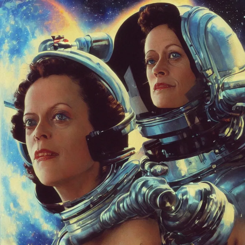 Prompt: close - up portrait of retrofuturistic young sigourney weaver in space. reflective detailed textures. soft gloomy dark background. highly detailed fantasy science fiction painting by moebius, norman rockwell, frank frazetta, and syd mead. rich colors, high contrast. artstation
