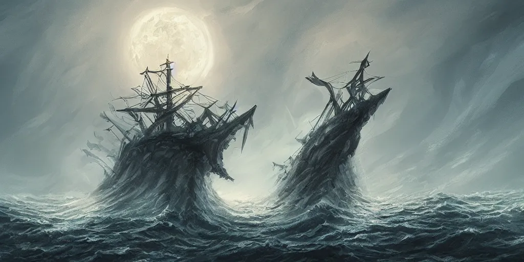 Image similar to a ship being attacked by a cthulhu in an ocean, moon, digital painting, artstation, dark, fog
