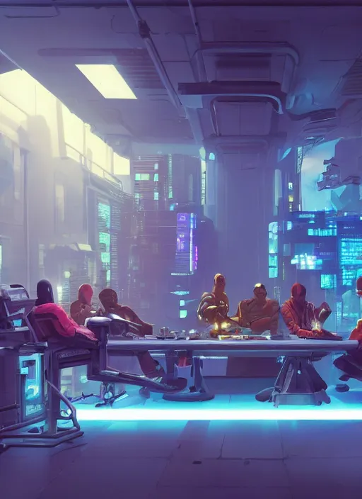Prompt: a group of people sitting around an operating table, cyberpunk art by filip hodas, cgsociety, afrofuturism, artstation hq, reimagined by industrial light and magic, anamorphic lens flare