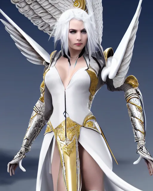 Image similar to perfect white haired egyptian goddess wearing white dove wings, warframe armor, regal, attractive, ornate, sultry, beautiful, charlize theron, half asian, pretty face, blue eyes, illuminated, scifi platform, 4 k, ultra realistic, epic lighting, cinematic, masterpiece, art by akihito tsukushi, voidstar, trending on artstation