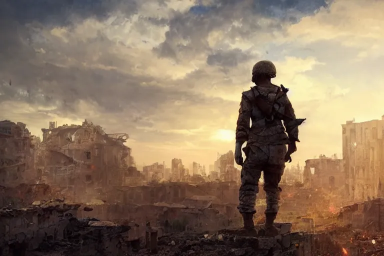 Image similar to a scenic landscaping view of a lone military soldier standing in the ruins of the city, ray of sunlight, powerful clouds, Greg Rutkowski, Moebius, Bill Sienkiewicz, Alphons Mucha, countryside color scheme, ultra wide angle, ultra detailed, light effect