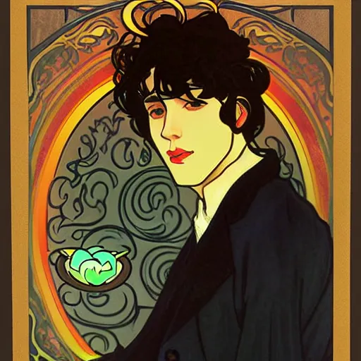 Image similar to painting of young cute handsome beautiful dark medium wavy hair man in his 2 0 s named shadow taehyung and cute handsome beautiful min - jun together at the halloween! party, bubbling cauldron!, candles!, smoke, autumn! colors, elegant, wearing suits!, delicate facial features, art by alphonse mucha, vincent van gogh, egon schiele