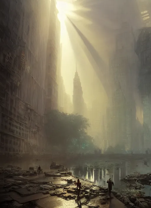 Image similar to the ruins of new york city, mist, sunrays, dust in the air, dnd character, unreal engine, octane render, dramatic lighting, pond, digital art, by stanley artgerm lau, greg rutkowski, thomas kindkade, alphonse mucha, loish, norman rockwell,