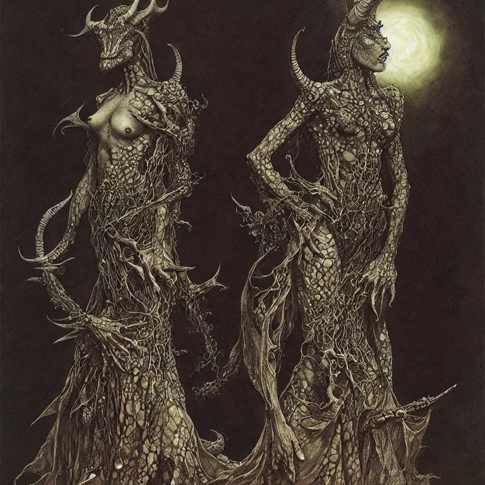 Image similar to A detailed horned crocodilewoman stands among the cosmos. Wearing a ripped mantle, robe. Perfect faces, extremely high details, realistic, fantasy art, solo, masterpiece, art by Zdzisław Beksiński, Arthur Rackham, Dariusz Zawadzki