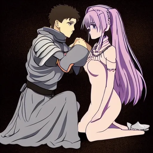 Image similar to detailed art of knight kneeling before a beautiful princess, anime ufotable