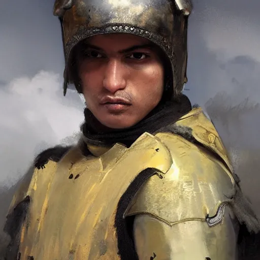 Image similar to Medium closeup young idealistic and pious homely male Imperial soldier wearing a black tabard with light yellow accents over a gambeson and a small!!! barbut helm, by Raymond Swanland Greg Rutkowski Lise Deharm, {perfect face}, {perfect eyes}