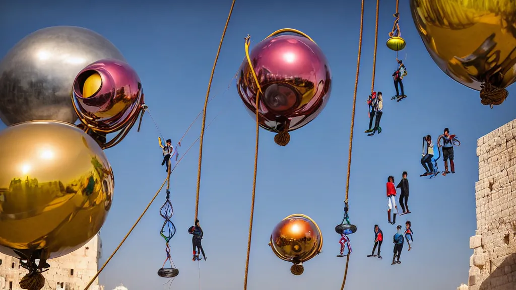 Image similar to large colorful futuristic space age metallic steampunk balloons with pipework and electrical wiring around the outside, and people on rope swings underneath, flying high over the beautiful jerusalem city landscape, professional photography, 8 0 mm telephoto lens, realistic, detailed, photorealistic, photojournalism