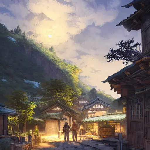 Image similar to concept art painting of a cozy village at night in a mountainous forested valley, historic european and japanese architecture, realistic, detailed, cel shaded, in the style of makoto shinkai and greg rutkowski and james gurney