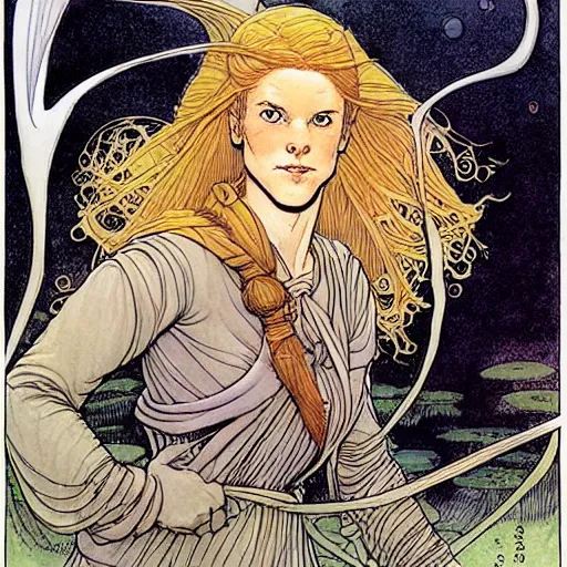 Image similar to a beautiful portrait of sanna!!!!! marin!!!!!, the young female prime minister of finland as a druidic wizard by rebecca guay, michael kaluta, charles vess and jean moebius giraud