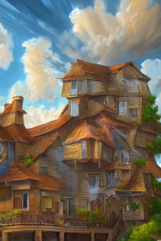 Image similar to A hyperdetailed digital oil painting of a house in the clouds,ladder,cartoon, Trending on ArtStation and DeviantArt