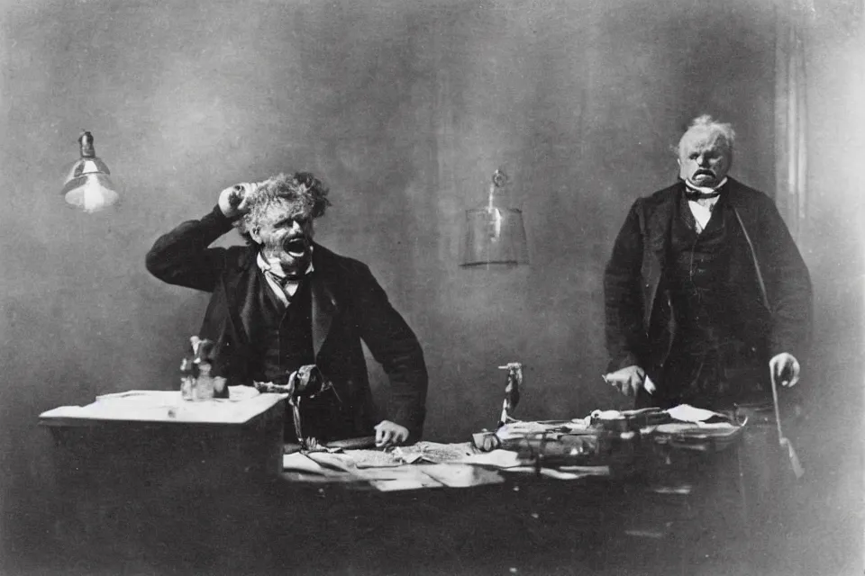 Prompt: wet plate photograph, august strindberg angry shouting and banging his fist on a secretary desk in a small messy viennese apartment, night time, alone, lamplight, victorian era, depth of field, very detailed, highly accurate, intricate