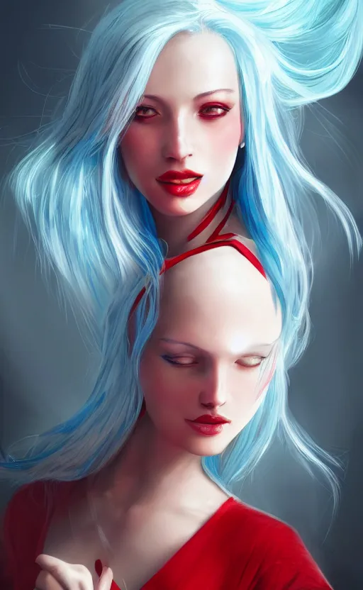 Image similar to the prettiest woman with silver blue hair, in a red and white dress portrait, dynamic lighting, fantasy concept art, trending on art station, stunning visuals, creative, cinematic, ultra detailed, ray tracing, sun rays, hyper realistic