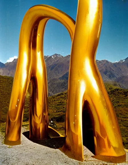 Prompt: vintage color photo of a giant liquid gold sculputure in Cordillera De Los Andes, 8k definition