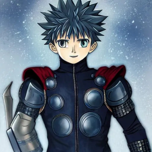 Prompt: adult killua zoldyck in thor's the dark world armor, full body armor, anime art, highly detailed, muscular