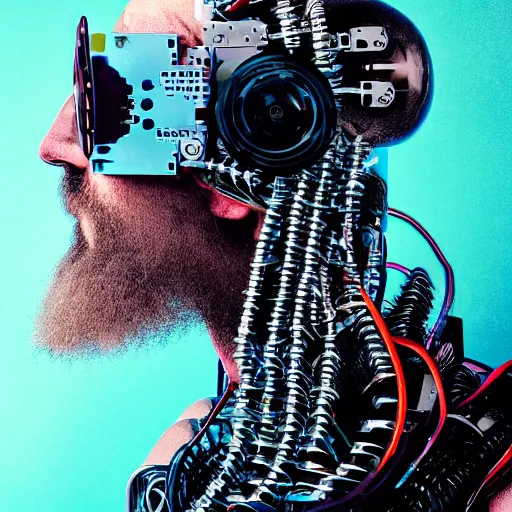 Prompt: Beautiful Photo of Arduino Uno in the robot's head. cyborg beard man profile view. Cyberpunk. splatterpunk. 4K