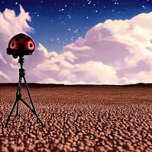 Image similar to promotional still wide angle, ladybug tripod roams a barren wasteland, dramatic lighting, ( e. t. the extra - terrestrial ), batteries not included, harry potter, imax, 7 0 mm.