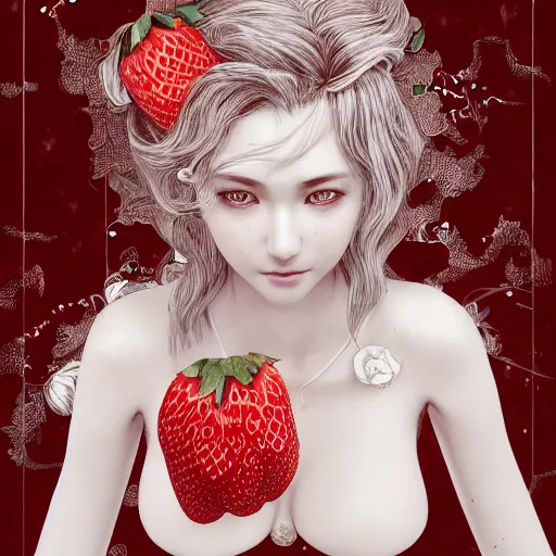 Image similar to the portrait of an absurdly beautiful, graceful, elegant, sophisticated, fashionable young gravure idol made of strawberries and white petals, an ultrafine hyperdetailed illustration by kim jung gi, irakli nadar, intricate linework, bright colors, octopath traveler, final fantasy, unreal engine 5 highly rendered, global illumination, radiant light, detailed and intricate environment