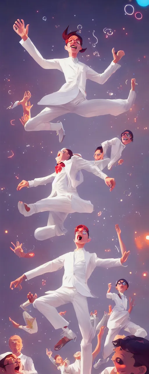 Image similar to excited community of young scientists are happy dancing - wearing white suit, digital art, detailed 8 k behance hd by jesper ejsing, by rhads, makoto shinkai and lois van baarle, ilya kuvshinov, rossdraws global illumination.