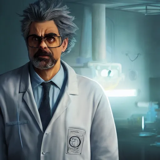 Image similar to portrait art of rick sanchez, lab coat, unibrow, 8 k ultra realistic, lens flare, atmosphere, glow, detailed, intricate, full of colour, cinematic lighting, trending on artstation, 4 k, hyperrealistic, focused, extreme details, unreal engine 5, cinematic, masterpiece