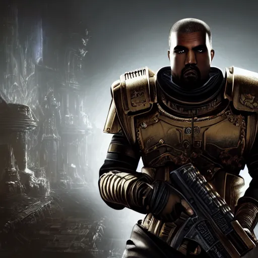 Image similar to Portrait of Kanye West as the emperor of humanity from warhammer 40k in Gears of War, splash art, movie still, detailed face, photorealistic facial features, cinematic lighting, dramatic, octane render, long lens, shallow depth of field, bokeh, anamorphic lens flare, 8k, hyper detailed, 35mm film grain